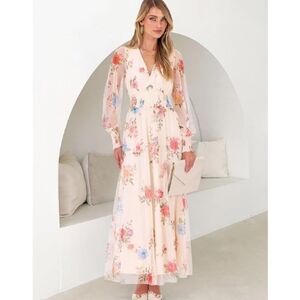 Floral Maxi V Neck Puff Long Sleeve Casual Dress Pink